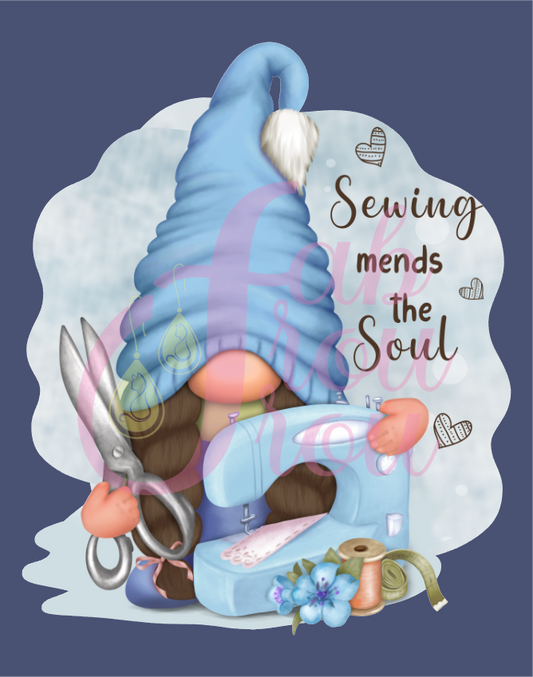 Gnome Sewing Mends the Soul Blue Magnet